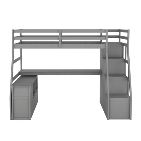 Twin Size Loft Bed with with 7 Drawers 2 Shelves and Desk - Gray