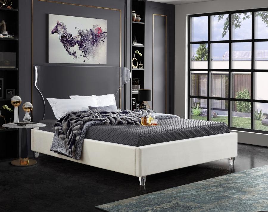 Meridian Furniture - Ghost Velvet Queen Bed In Cream - Ghostcream-Q