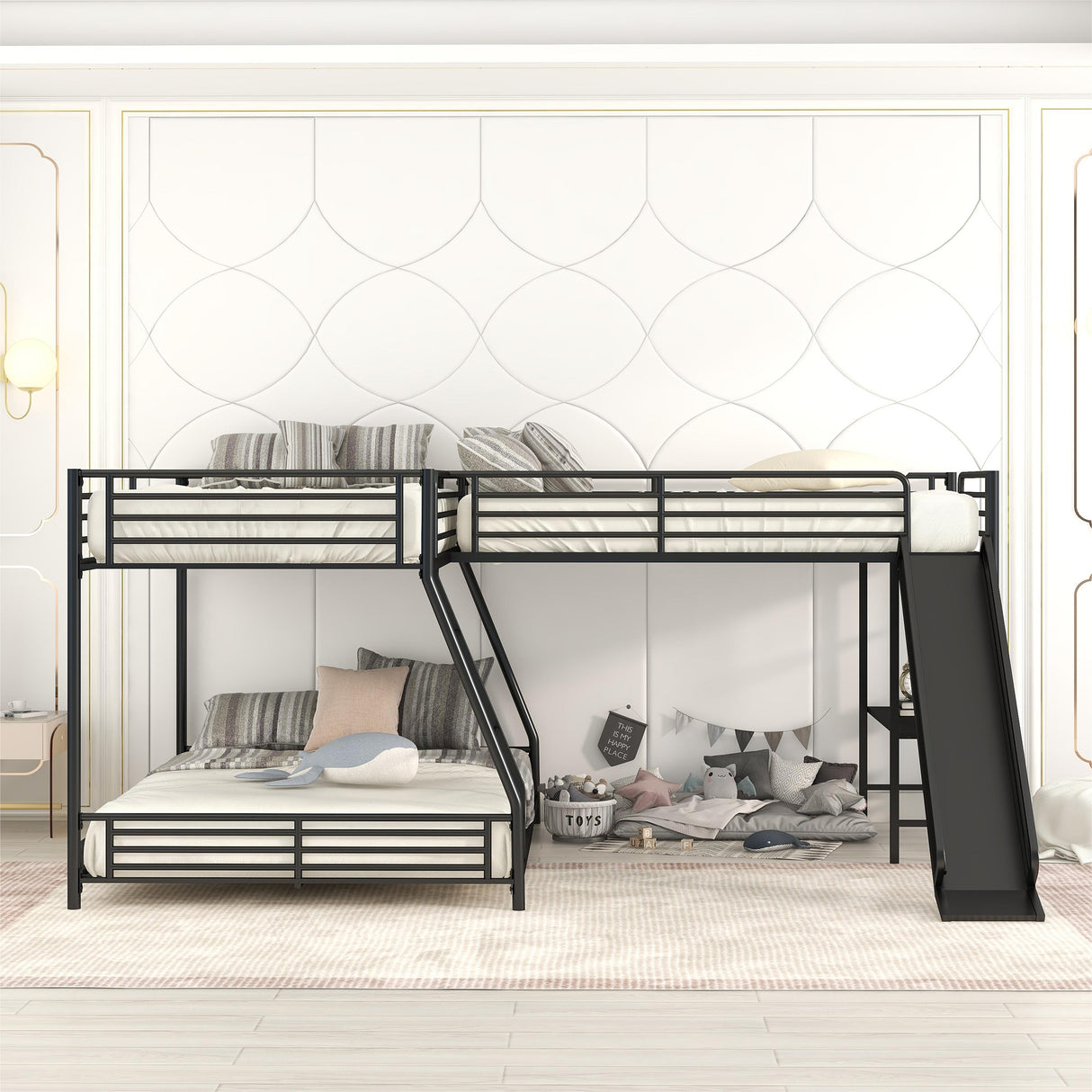 L-Shaped Twin over Full Bunk Bed with Twin Size Loft Bed,Built-in Desk and Slide,Black - Home Elegance USA