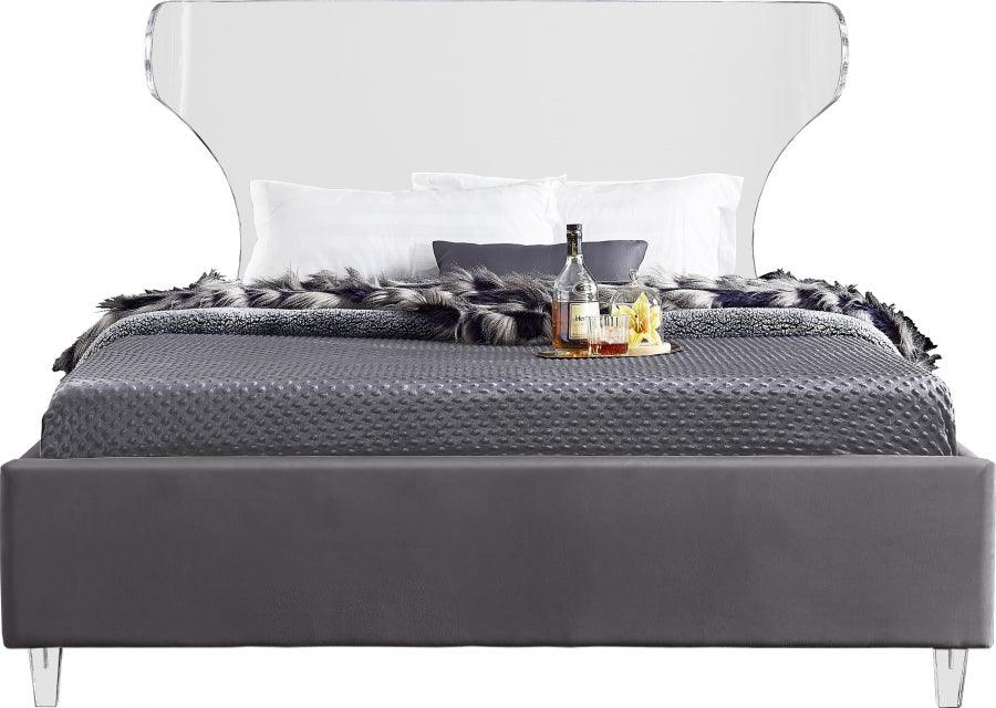 Meridian Furniture - Ghost Velvet Queen Bed In Grey - Ghostgrey-Q