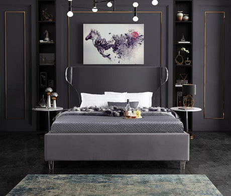 Meridian Furniture - Ghost Velvet Queen Bed In Grey - Ghostgrey-Q