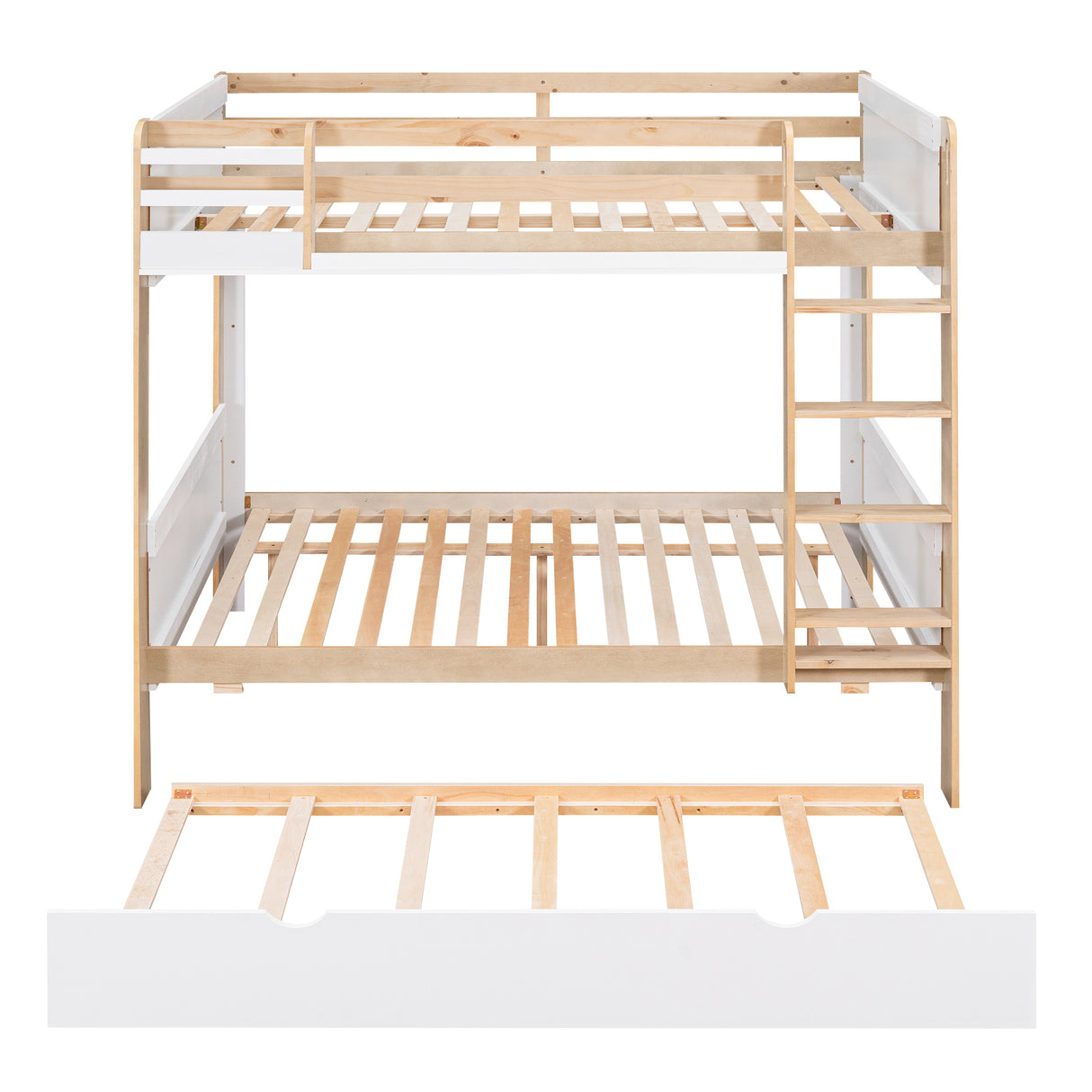 Full over Full Bunk Bed with Storage Shelves, Twin Size Trundle and Ladder, White - Home Elegance USA