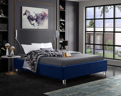 Meridian Furniture - Ghost Velvet Queen Bed In Navy - Ghostnavy-Q