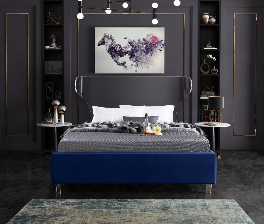 Meridian Furniture - Ghost Velvet Queen Bed In Navy - Ghostnavy-Q