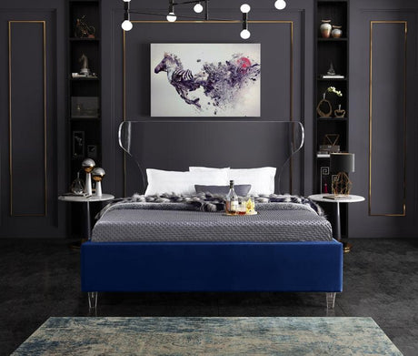 Meridian Furniture - Ghost Velvet Queen Bed In Navy - Ghostnavy-Q