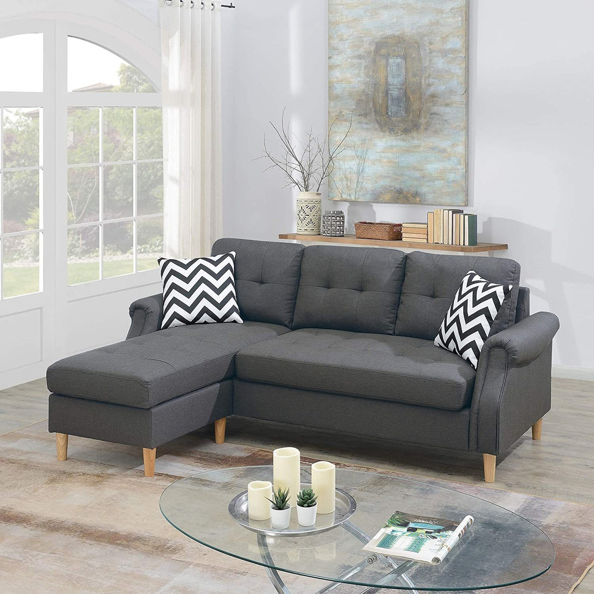 Living Room Corner Sectional Blue Grey Polyfiber Chaise sofa Reversible Sectional - Home Elegance USA