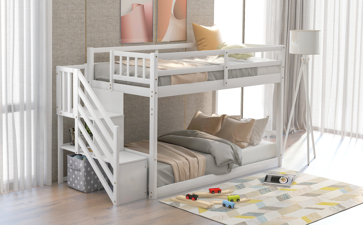 Twin over Twin Floor Bunk Bed, Ladder with Storage, White - Home Elegance USA