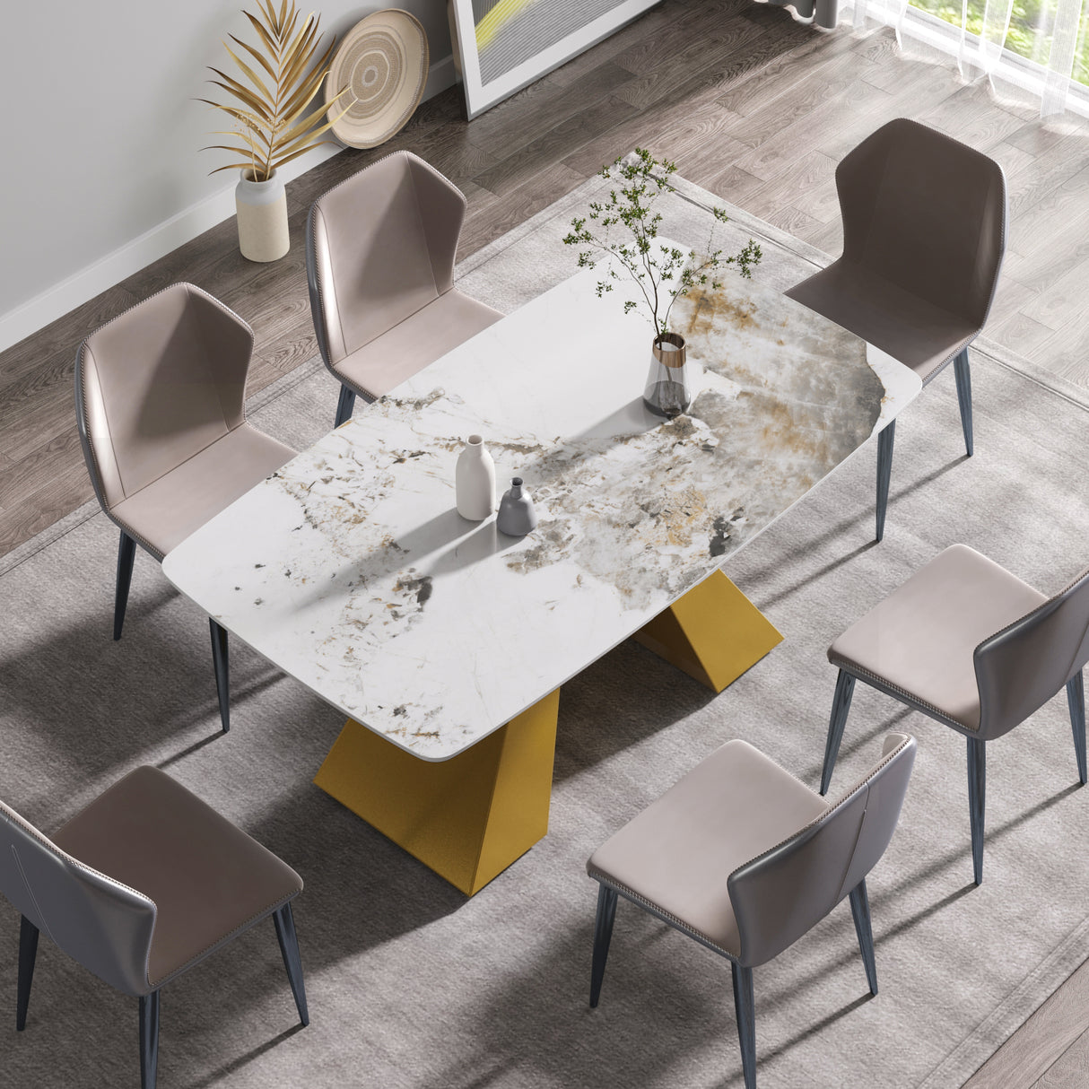 63"Modern artificial stone pandora white curved golden metal leg dining table - 6 people - W1535S00169 - image - 2