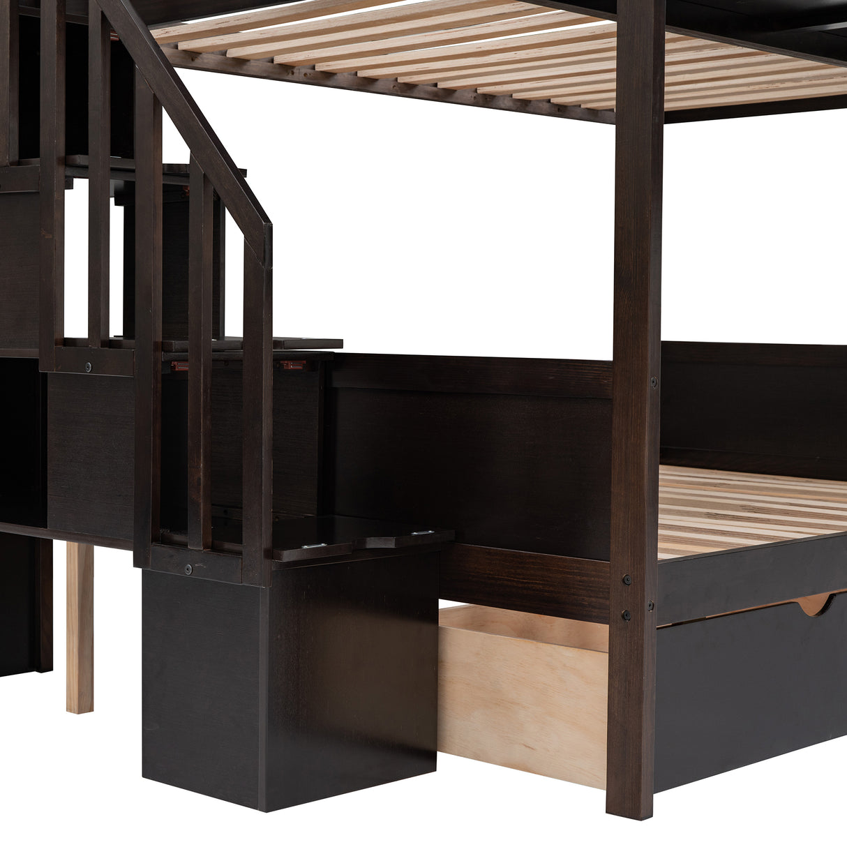 Twin over Full Bunk Bed with Shelfs, Storage Staircase and 2 Drawers, Espresso - Home Elegance USA