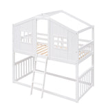 Twin Over Twin House Bunk Bed With Ladder, Wood Bed-White - Home Elegance USA