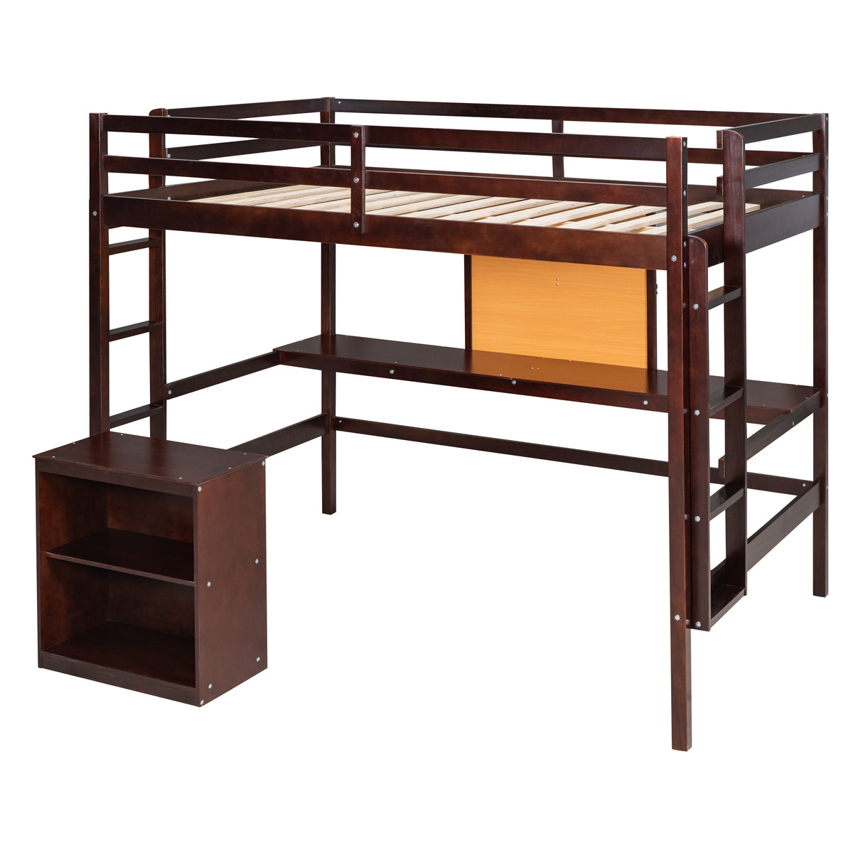 Full size Loft Bed with Desk and Writing Board, Wooden Loft Bed with Desk & 2 Drawers Cabinet- Espresso - Home Elegance USA