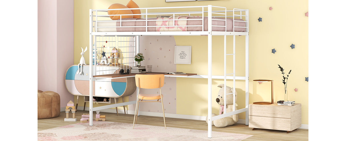 Full Metal Loft Bed with Desk and Metal Grid, White - Home Elegance USA