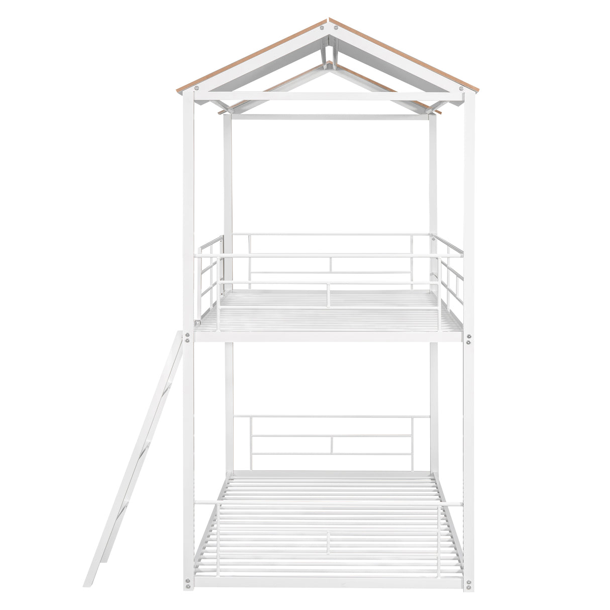 Twin Over Twin Bunk Bed Metal Bed with Half Roof, Guardrail and Ladder White - Home Elegance USA