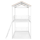 Twin Over Twin Bunk Bed Metal Bed with Half Roof, Guardrail and Ladder White - Home Elegance USA