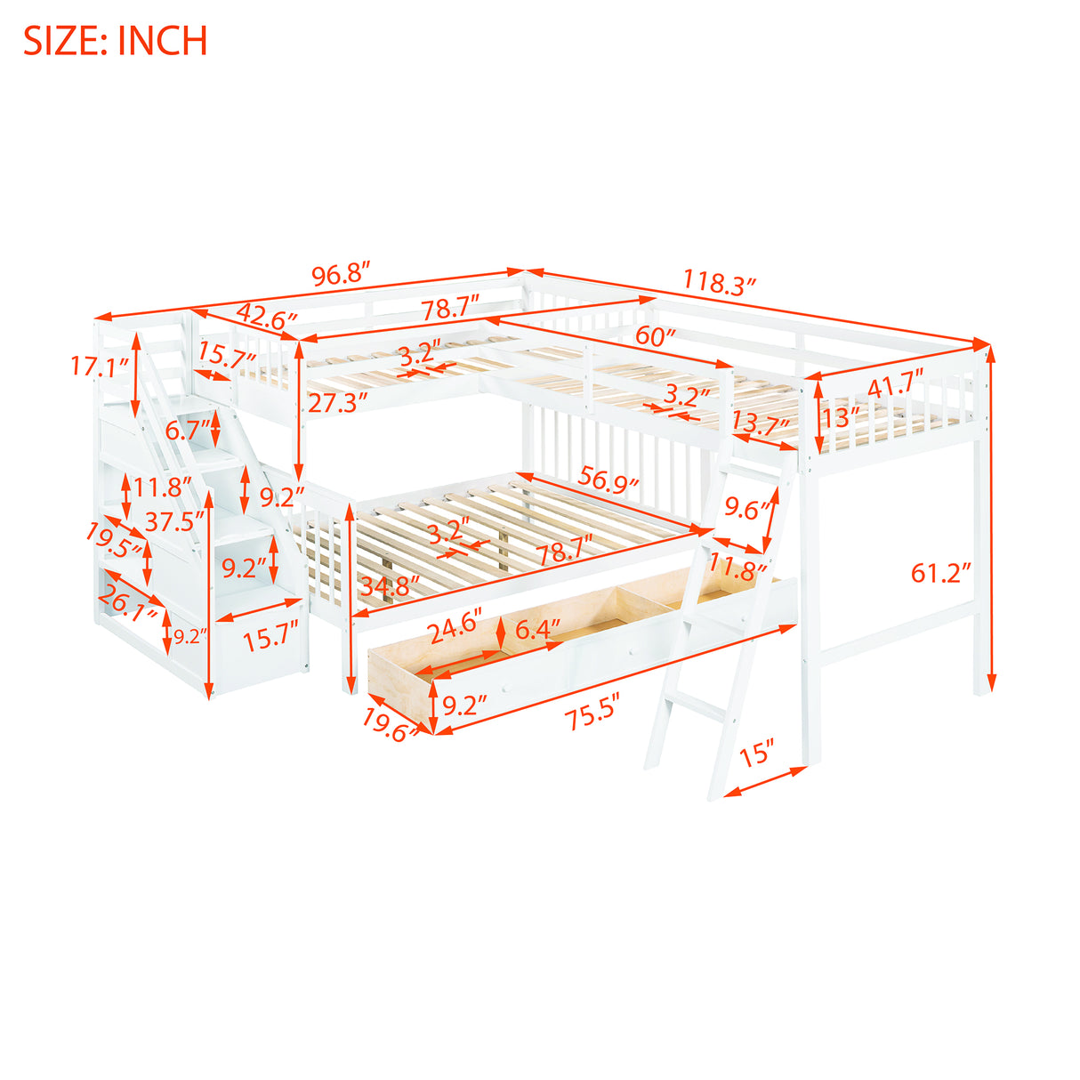 Twin over Full L-Shaped Bunk Bed With 3 Drawers, Ladder and Staircase - White - Home Elegance USA