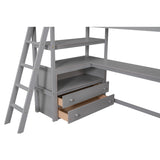 Twin Size Loft Bed with Desk and Shelves, Two Built-in Drawers, Gray(old SKU: GX000803AAE-1） - Home Elegance USA