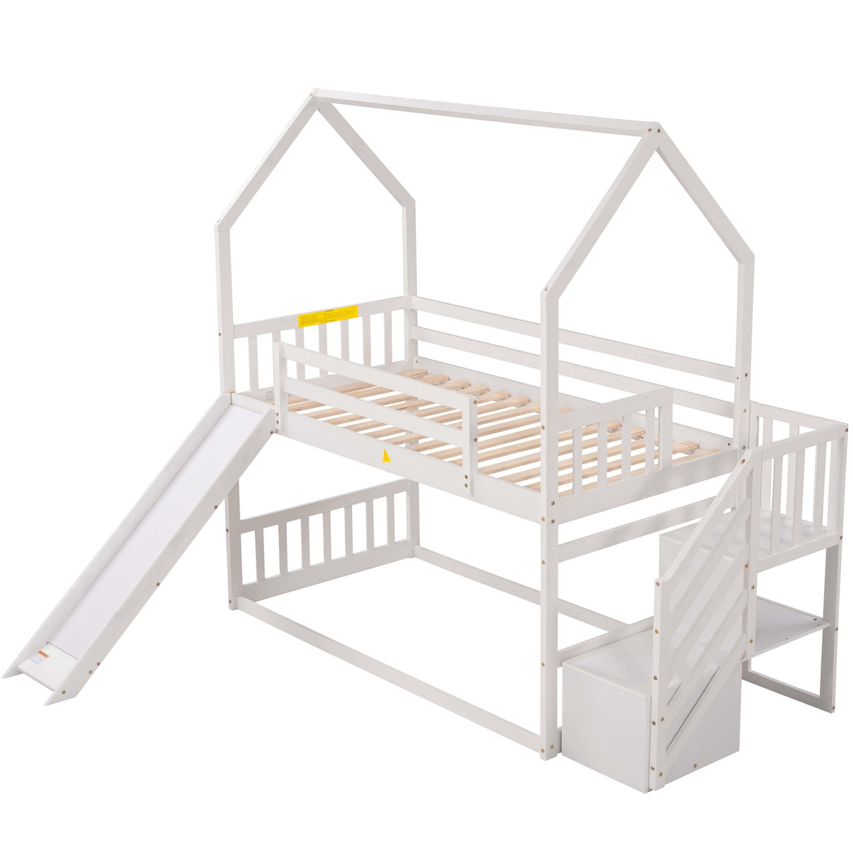 Twin over Twin House Bunk Bed with Convertible Slide,Storage Staircase,White - Home Elegance USA