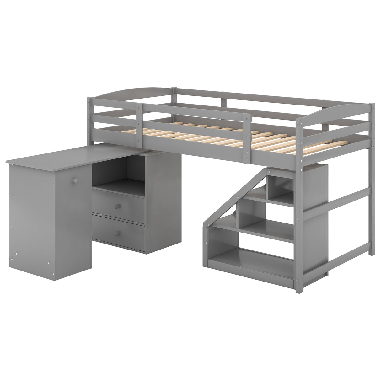 Twin Size Loft Bed with Multifunctional Movable Built-in Desk and and Staircase,Gray(OLD SKU:GX000925AAK) - Home Elegance USA