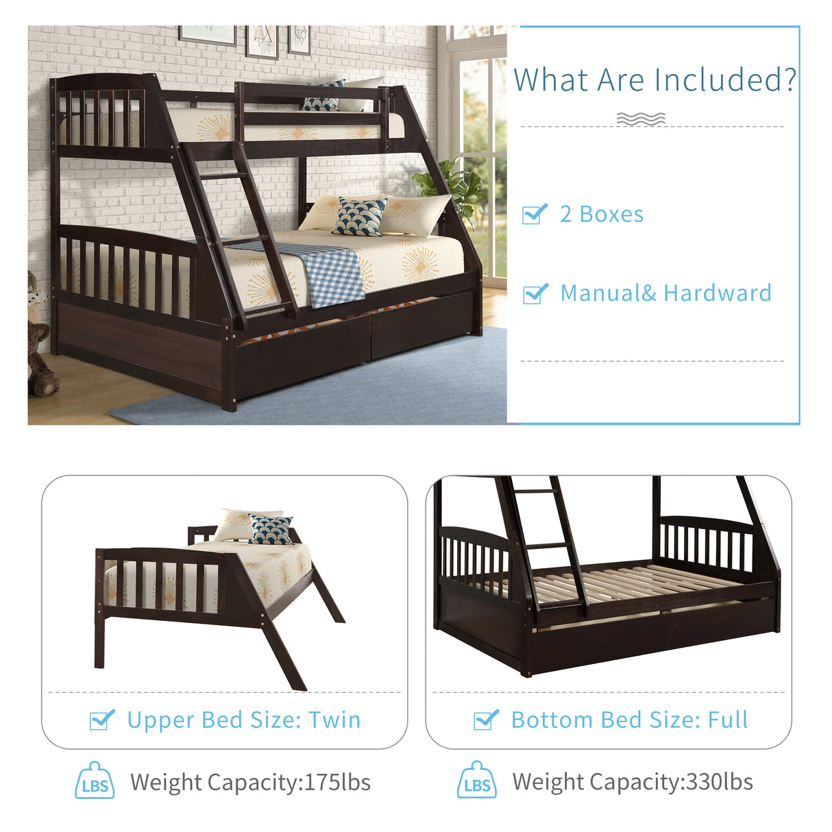 TOPMAX Solid Wood Twin Over Full Bunk Bed with Two Storage Drawers, Espresso