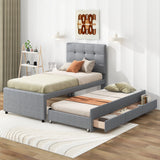 Twin Size Upholstered Platform Bed with Pull-out Twin Size Trundle and 3 Drawers, Gray - Home Elegance USA