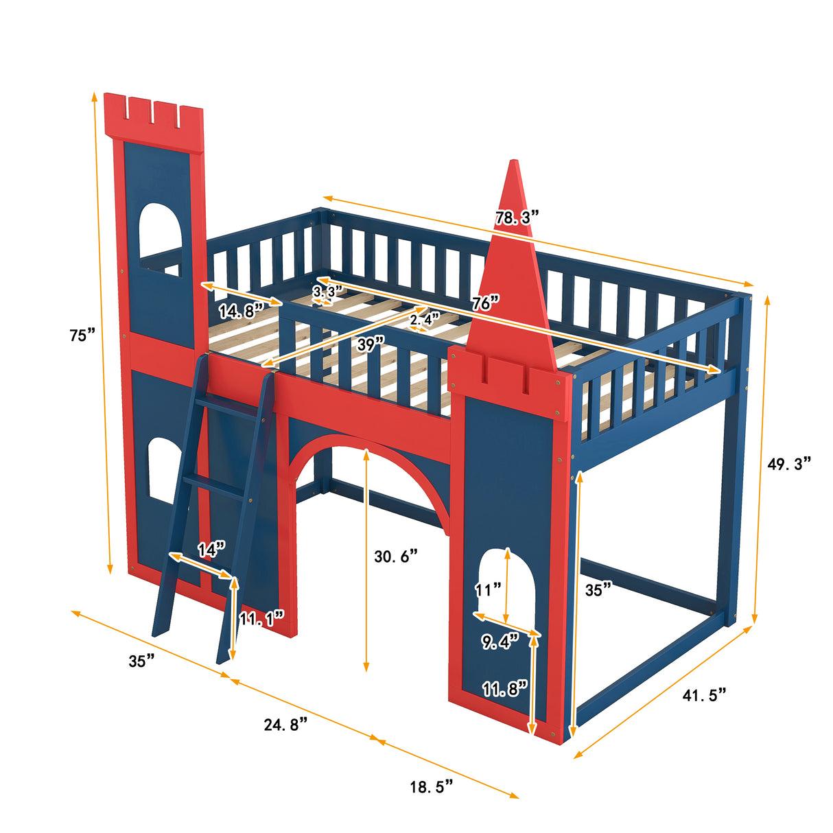 Twin Size Castle Shaped Loft Bed with Underbed Storage Space,Red - Home Elegance USA