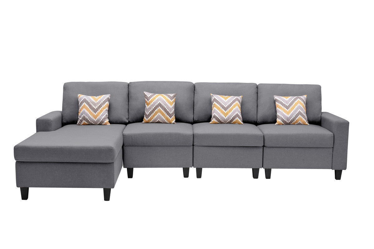 Nolan Gray Linen Fabric 4Pc Reversible Sectional Sofa Chaise with Pillows and Interchangeable Legs - Home Elegance USA