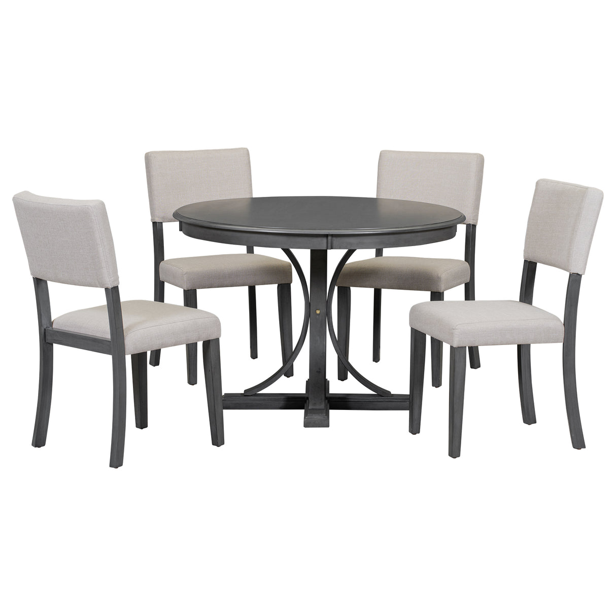 TREXM 5-Piece Retro Round Dining Table Set with Curved Trestle Style Table Legs and 4 Upholstered Chairs for Dining Room (Dark Gray) - Home Elegance USA