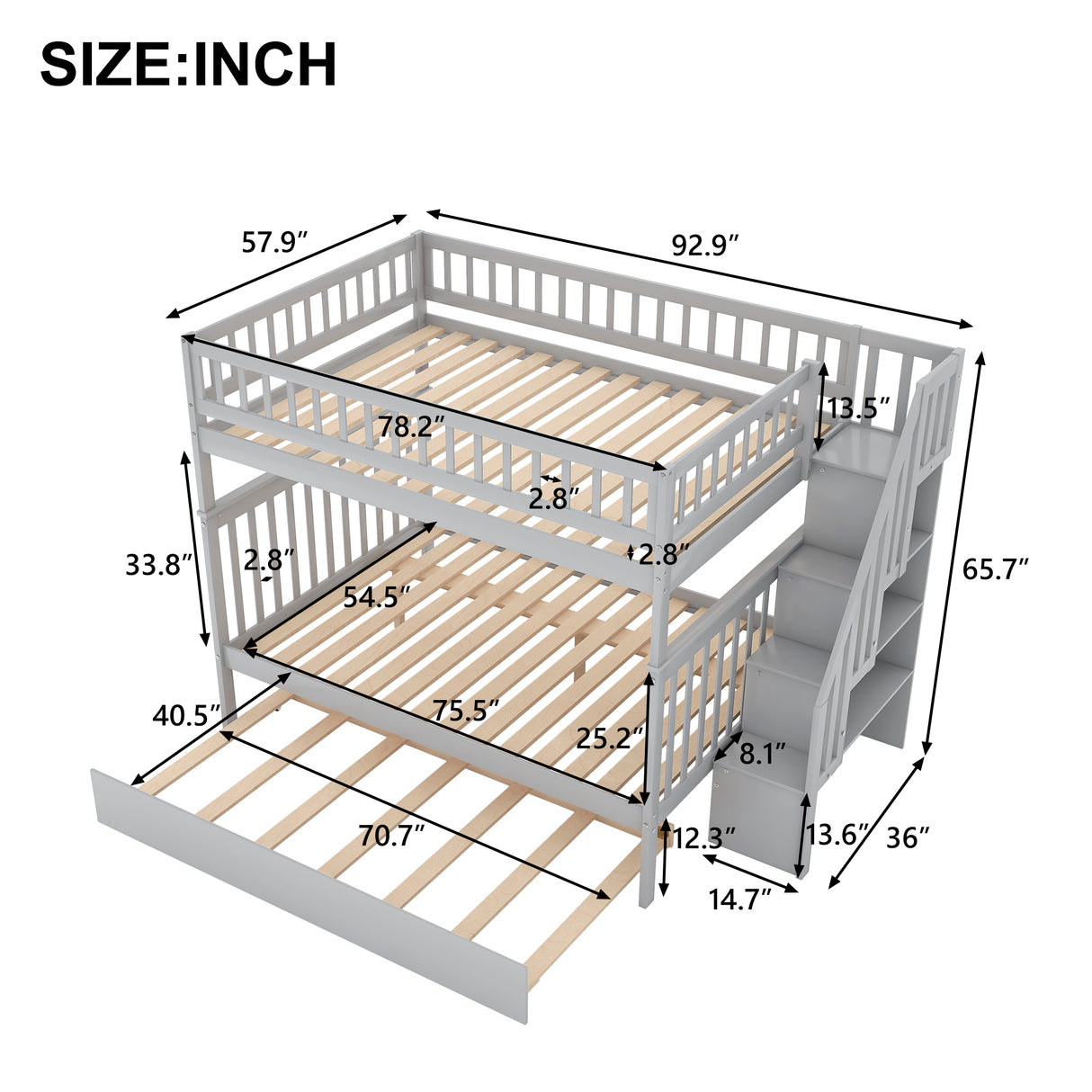 Full over Full Bunk Bed with Trundle and Staircase,Gray - Home Elegance USA