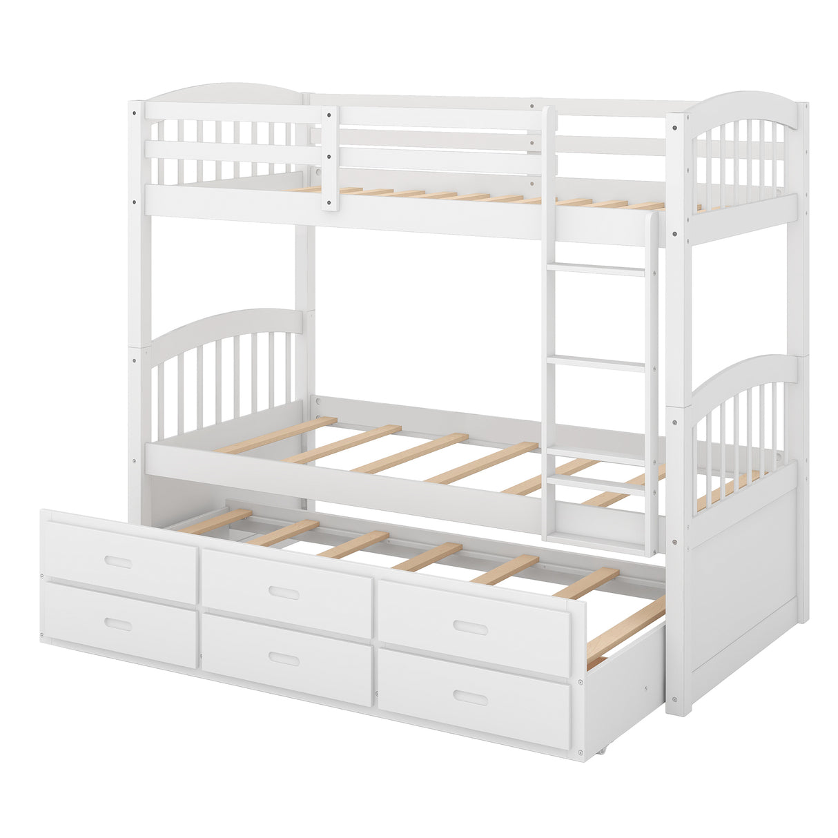 Twin over Twin Wood Bunk Bed with Trundle and Drawers,White - Home Elegance USA