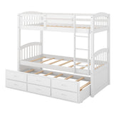 Twin over Twin Wood Bunk Bed with Trundle and Drawers,White - Home Elegance USA