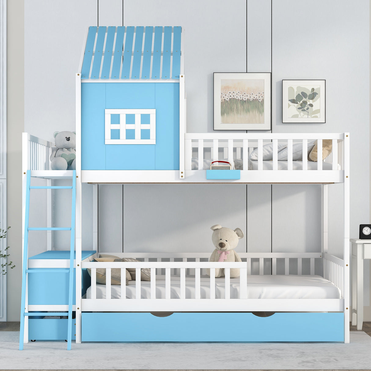 Full over Full Bunk Bed with Twin Size Trundle , Farmhouse Bed with Storage Box and Drawer - Blue - Home Elegance USA