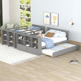 Twin over Full Bunk Bed with Trundle and Shelves, can be Separated into Three Separate Platform Beds, Gray - Home Elegance USA