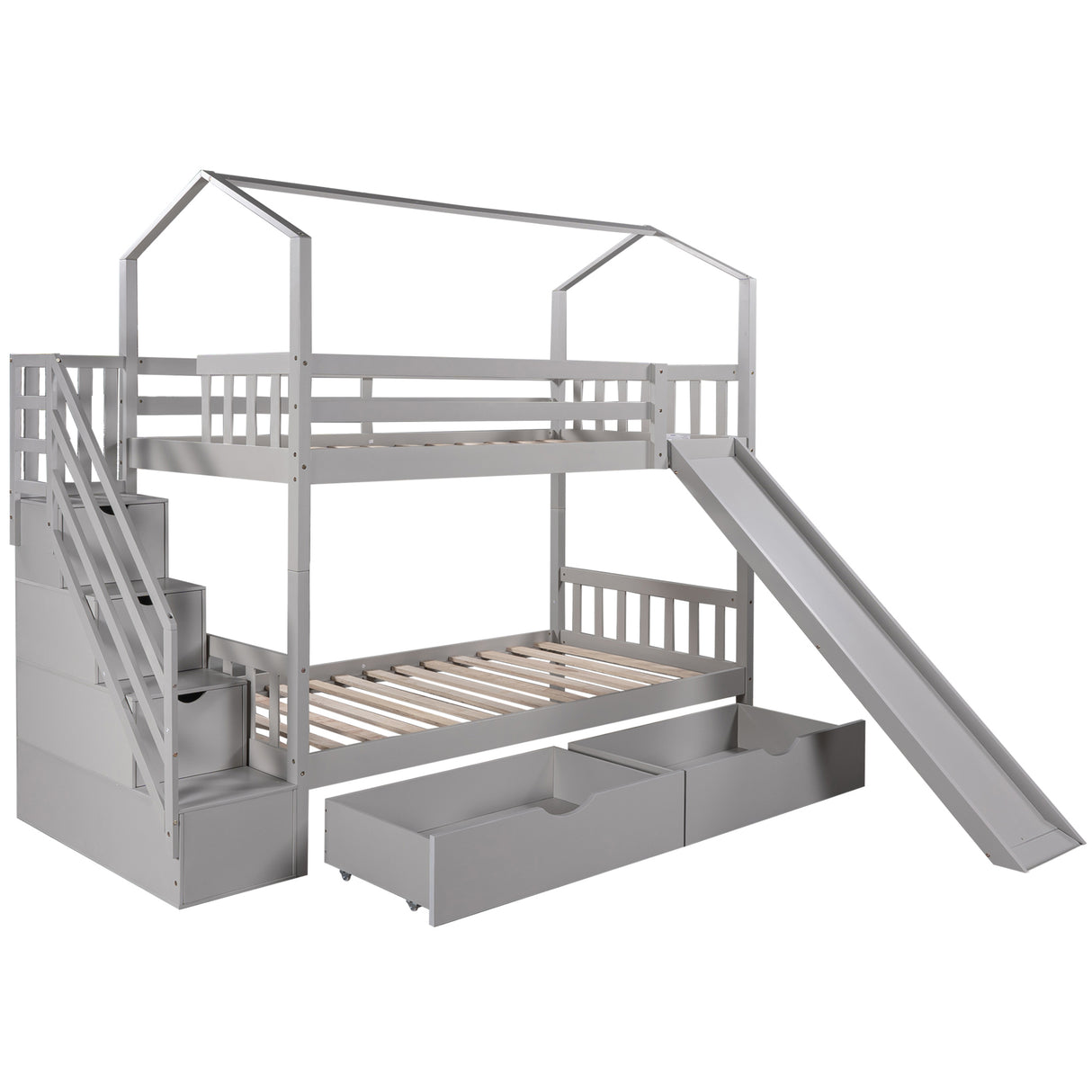 Twin over Twin House Bunk Bed with Two Drawers and Slide,Storage Staircase,Gray - Home Elegance USA