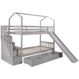 Twin over Twin House Bunk Bed with Two Drawers and Slide,Storage Staircase,Gray - Home Elegance USA