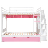 Full Over Full Bunk Bed with Trundle ,Stairs,Ladders Solid Wood Bunk bed with Storage Cabinet （White + Pink） - Home Elegance USA