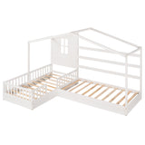 Wood House Bed Twin Size, 2 Twin Solid Bed L structure with fence and slatted frame （White) - Home Elegance USA