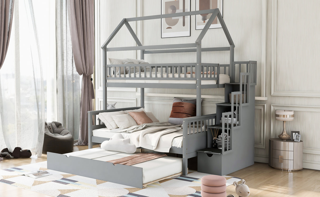 Twin over Full Size House Bunk Bed with Storage Staircase and Trundle,Full-Length Guardrail,Gray - Home Elegance USA