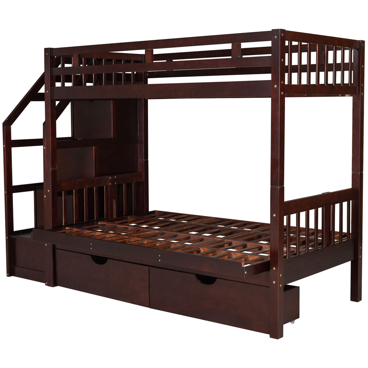 Twin over Full Bunk Bed with Two Drawers and Staircase, Down Bed can be Converted into Daybed,Espresso Home Elegance USA