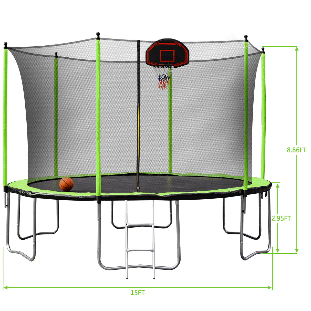 15FT Trampoline with Basketball Hoop Inflator and Ladder(Inner Safety Enclosure) Green - W550S00010 - image - 3