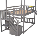 Twin over Twin House Bunk Bed with Convertible Slide,Storage Staircase can be Placed Left or Right,Gray - Home Elegance USA