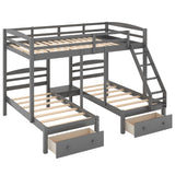 Full over Twin & Twin Bunk Bed,Triple Bunk Bed with Drawers, Gray - Home Elegance USA