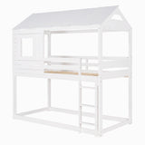 Twin Over Twin Bunk Bed Wood Loft Bed with Roof, Window, Guardrail, Ladder (White) (OLD SKU :LP000062AAK) - Home Elegance USA