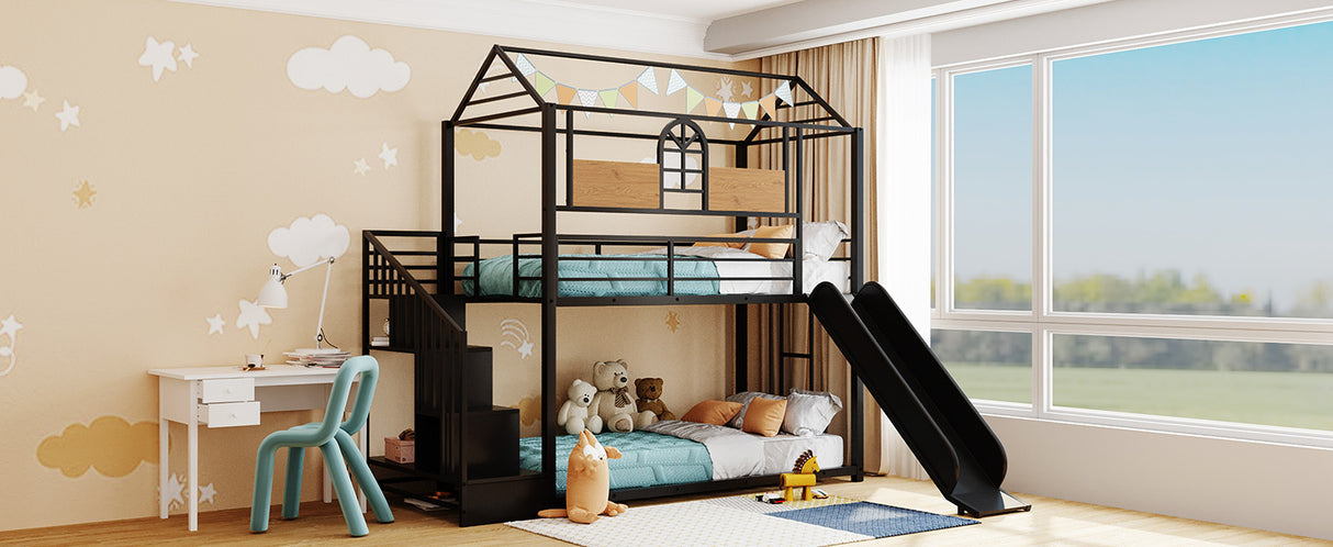 Twin Over Twin Metal Bunk Bed ,Metal Housebed with Slide and Storage Stair,Black with Black Slide(OLD SKU:LP000195AAB) - Home Elegance USA