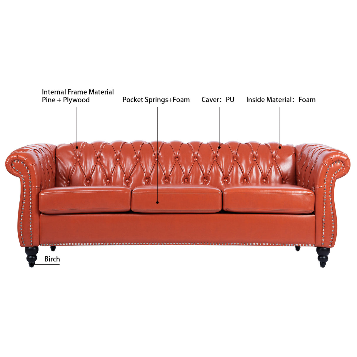 84.65" Rolled Arm Chesterfield 3 Seater Sofa | Home Elegance USA