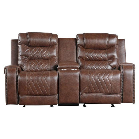 Homelegance - Putnam Double Glider Reclining Love Seat With Center Console, Receptacles And Usb Port In Brown - 9405Br-2