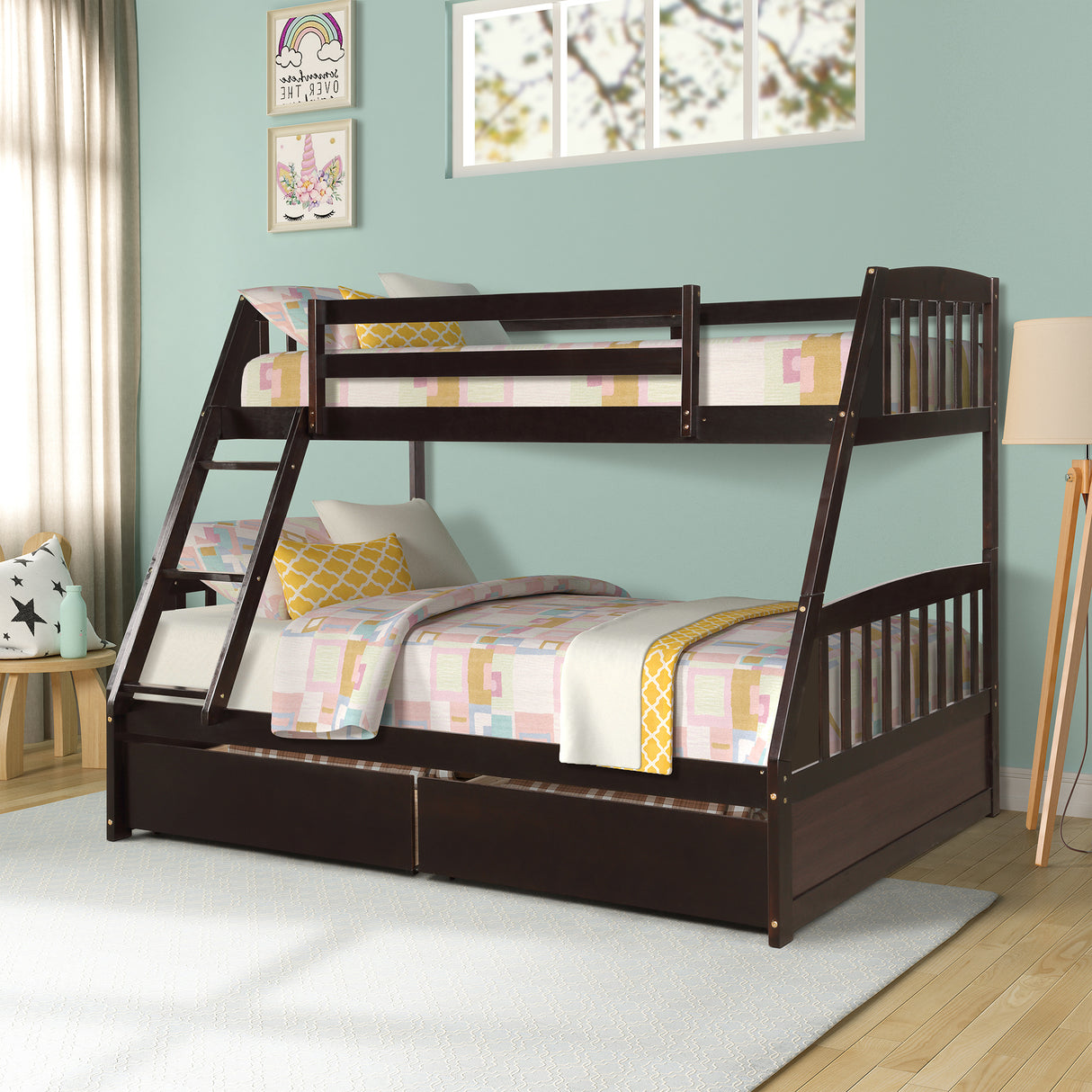 TOPMAX Solid Wood Twin Over Full Bunk Bed with Two Storage Drawers, Espresso