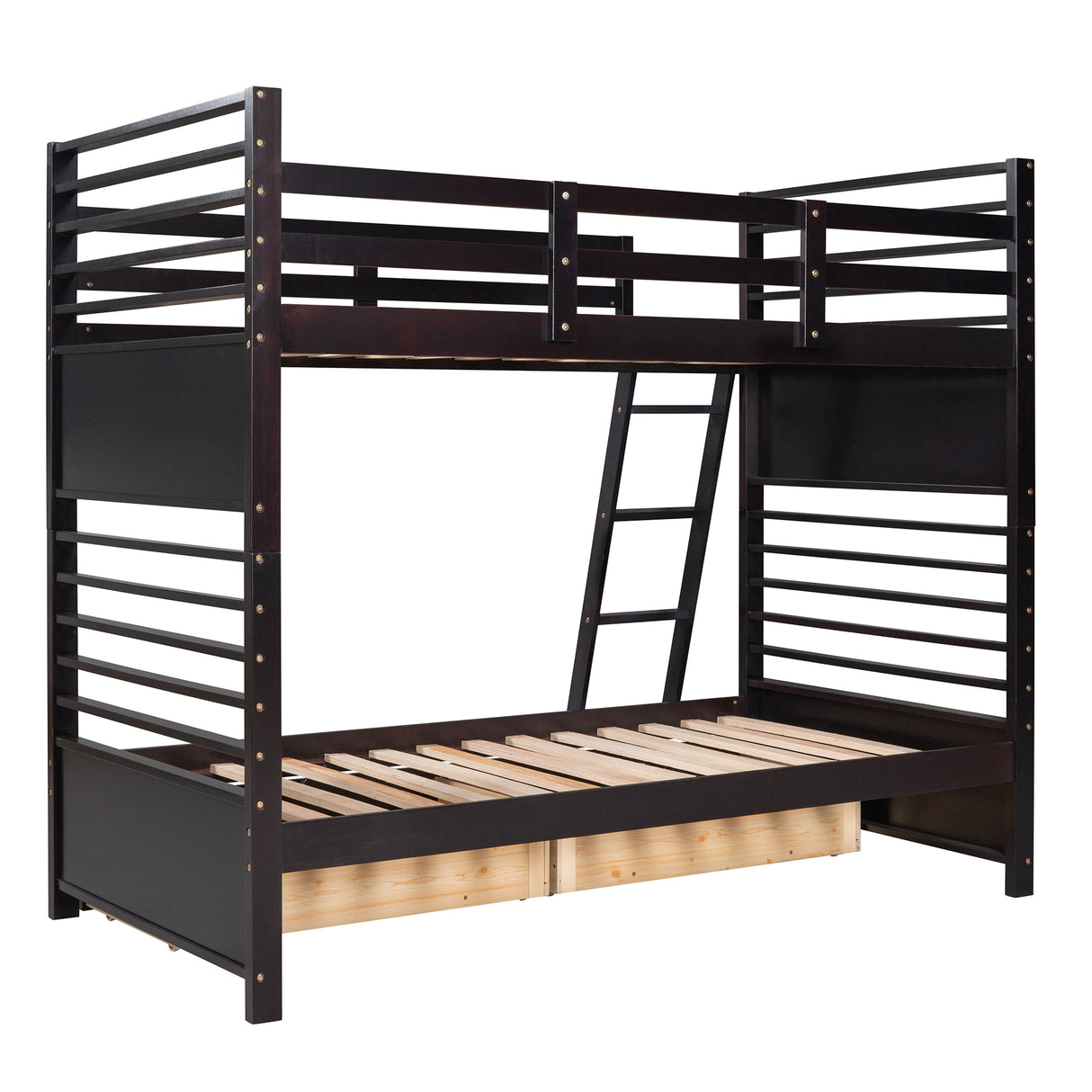 Twin over Twin Wood Bunk Bed with Two Drawers - Espresso· - Home Elegance USA