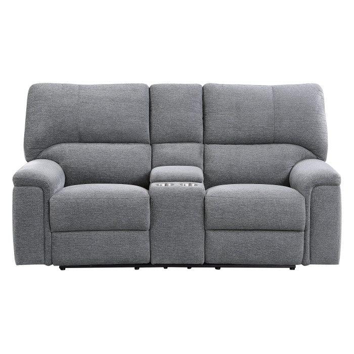 Dickinson Power Double Reclining Love Seat With Center Console And Power Headrests In Charcoal | Home Elegance USA
