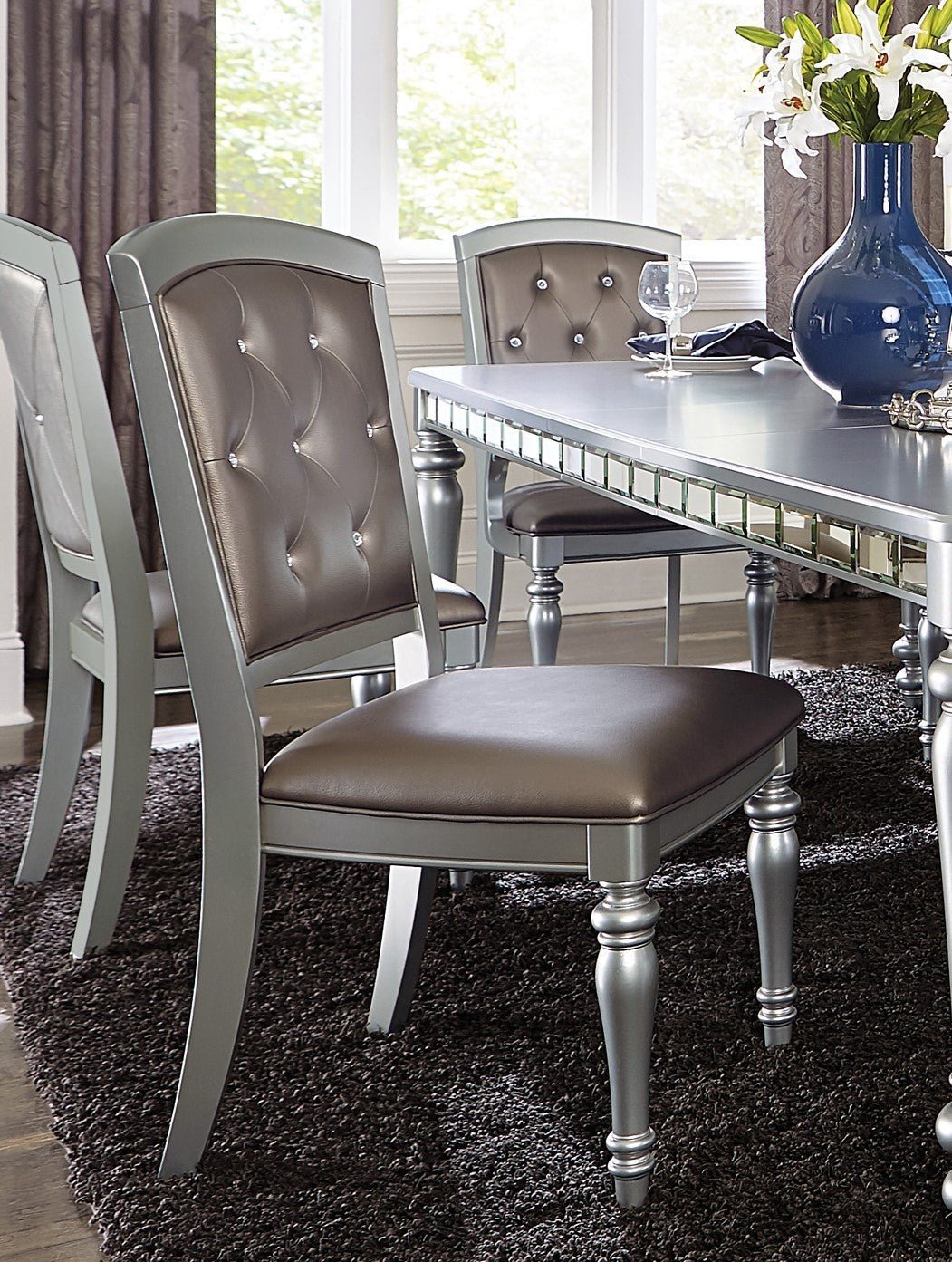 Glamorous Silver Finish Dining Set 5pc Dining Table 4x Side Chairs Crystal Button Tufted Upholstered Modern Style Furniture - Home Elegance USA