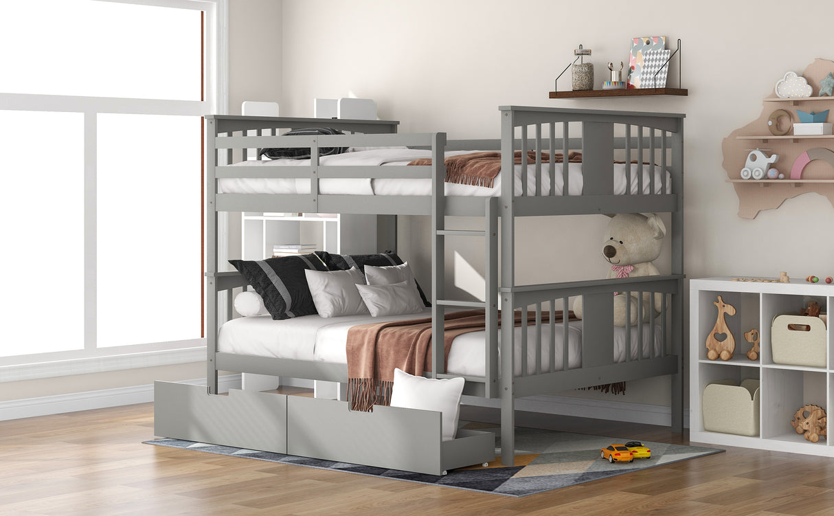 Full over Full Bunk Bed with Drawers and Ladder for Bedroom, Guest Room Furniture-Gray(OLD SKU :LP000205AAE) - Home Elegance USA